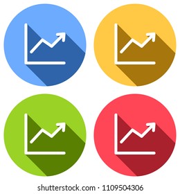 Finance grapgic, grow. Set of white icons with long shadow on blue, orange, green and red colored circles. Sticker style