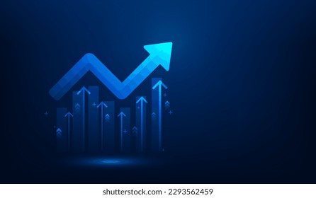 finance graph arrow up investment on blue dark background. business trading growth concept. market chart profit money. copy space for text input. vector illustration fantastic low poly design.