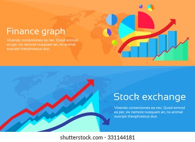 Finance Graph Stock Exchange Chart Web Banner Set Flat Design Vector Illustration