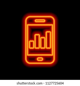 Finance graphic, mobile phone. Orange neon style on black background. Light icon