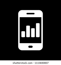 Finance graphic, mobile phone. White icon on black background. Inversion