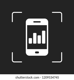 Finance graphic, mobile phone. White object in camera autofocus on dark background