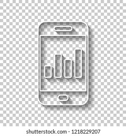 Finance graphic, mobile phone. White outline sign with shadow on transparent background