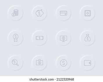 finance gray vector icons on round rubber buttons. finance icon set for web, mobile apps, ui design and promo business polygraphy