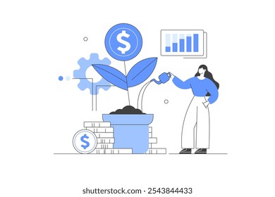 Finanzen. Geldbaum wachsen lassen, sparen. Investitions- und Finanzmanagementkonzept Flache Cartoon-Vektorgrafik, Symbol. Elegant, minimalistisch 