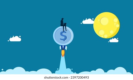 Finance grows. Businessman working on laptop on rocket coin