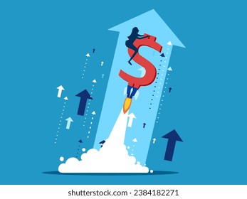 Finance grows. Businesswoman riding a dollar sign soaring in the sky 