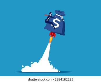 Finance grows continuously. Businessman riding a money bag soaring in the sky 