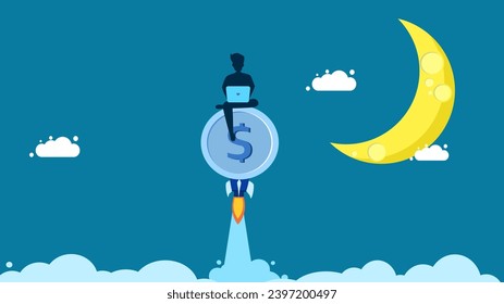 Finance grows. man working on laptop on rocket coin