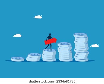 Finance grows step by step. man holding growth arrow on bar graph 