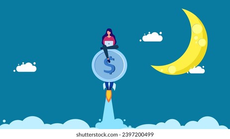 Finance grows. woman working on laptop on rocket coin