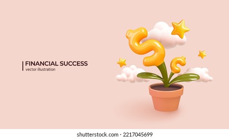 Finance growth - 3D Concept. Realistic 3d design of Analyzing investments, celebrating financial success and money growth. Money increasing concept. Vector illustration in cartoon minimal style.