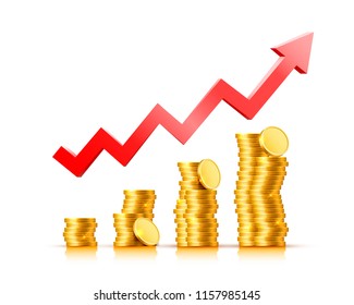 Flecha de gráfico de crecimiento financiero con monedas de oro sobre un fondo transparente. Ilustración vectorial