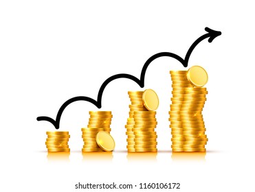 Finance growth chart arrow with gold coins on a transparent background. Vector illustration