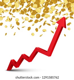 Finance growth chart arrow with gold coins on a transparent background. Vector illustration