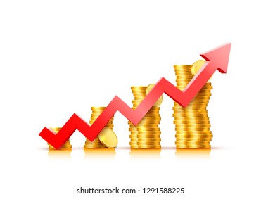 Finance growth chart arrow with gold coins on a transparent background. Vector illustration