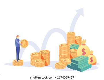 Finance and Growth Concept .Bank safe,bank employees, Investment in innovation, marketing, analysis, security of deposits dollars in a deposit box . Investing money on an account. Vector illustration