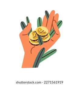 Finance growth concept. Rich wealthy hand with growing money, wealth. Increasing income, financial success, gaining capital, getting profit. Flat vector illustration isolated on white background