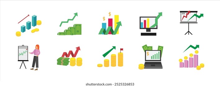 Conjunto de ilustración plana de crecimiento financiero. Incluya la cantidad de flecha, presupuesto, ingresos y objetivo. Ilustración vectorial aislada.