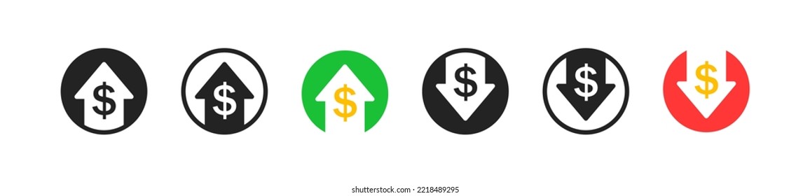 Finance Growth Icon Set. Flat Design. Success Concept. Coin Signs. Losing Money. Business Profit Symbol. Vector Illustration. 