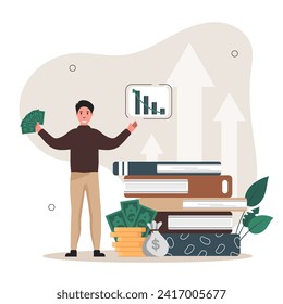 Finance growth illustration. Сharacter analyzes the growth of income from investments, celebrates his success. Money increasing concept. Vector illustration.