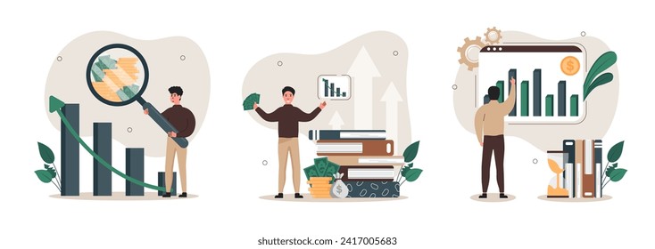 Ilustración del crecimiento financiero. С haracter analiza el crecimiento de los ingresos de las inversiones, celebra su éxito y adquiere nuevos conocimientos. Concepto de aumento de dinero. Ilustración vectorial.