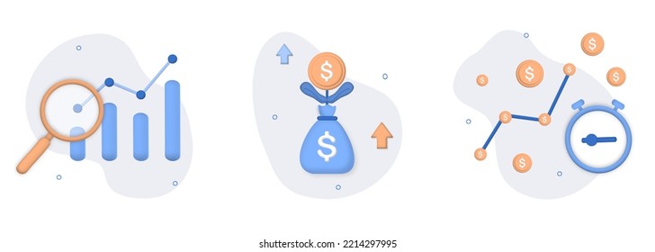 Finance growth illustration set. Analyzing investments, financial success and money growth. finance management, investing money, saving asset, money increasing concept. 3D web vector illustration.