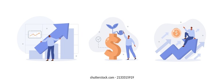 Finance growth illustration set. Characters analyzing investments, celebrating financial success and money growth. Money increasing concept. Vector illustration. - Shutterstock ID 2133315919