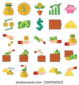 Finance growth illustration set. Characters analyzing investments, celebrating financial success and money growth. Money increasing concept. Vector illustration.
