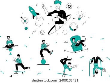 Finance growth illustration set. Characters analyzing investments, celebrating financial success and money growth. Money increasing concept. Vector illustration.