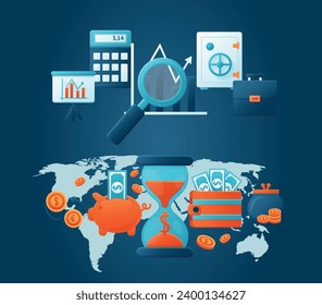 Finance growth illustration set. Characters analyzing investments, celebrating financial success and money growth. Money increasing concept. Vector illustration.