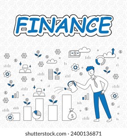Finance growth illustration set. Characters analyzing investments, celebrating financial success and money growth. Money increasing concept. Vector illustration.