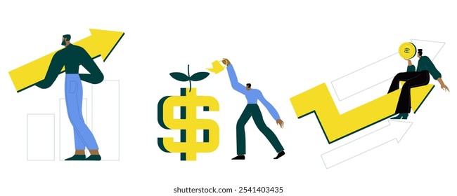 Finance growth illustration set. Characters analyzing investments, celebrating financial success and money growth. Money increasing concept. Vector illustration.