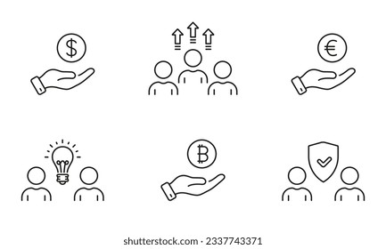 Juego de iconos de la línea de crecimiento de finanzas. Desarrollo de trabajo en equipo y búsqueda de un pictograma lineal de soluciones. Símbolo de esquema de mano humana Dólar, Euro, Bitcoin. Pago de dinero. Stroke editable. Ilustración de vectores aislados.