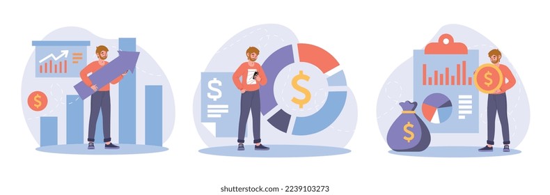 El crecimiento de las finanzas. El hombre junto a gráficos y diagramas evalúa el desarrollo de la empresa. Analista y mercader realiza la colección de investigación. Ilustraciones cartográficas de vectores planos aisladas en fondo blanco
