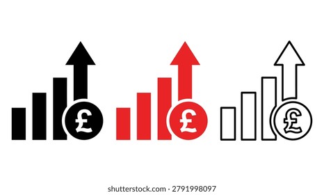 Finance growth themed element pack in minimalist line style, up arrows, bar charts, British pound coins, and monetary gains