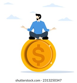 Finance guru or expert, money and investment adviser concept, behavioral finance concern for wealth management, smart businessman meditating and floating on big gold dollar coin.