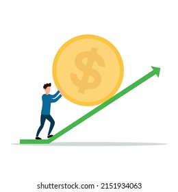 Finance. The guy drags the coin up. business is on the rise. Vector illustration in flat style