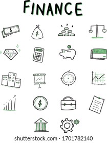 Finance hand drawn vector icons, symbols and signs. 