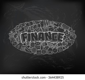 Finance - Hand Lettering and Doodles Elements Sketch on Chalkboard Background. Vector illustration