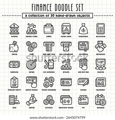 Finance hand-drawn doodle art illustrations and elements. felt-tip pen marker style on grid paper, great for various creative design uses.