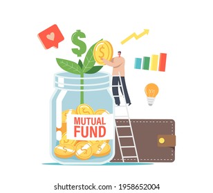 Finance Help via Mutual Fund Business Concept. Office Character or Businessman Put Gold Coin into Huge Glass Jar with Green Sprout, Light Bulb, Grow Chart and Wallet. Cartoon Vector Illustration