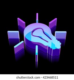 Finance icon: 3d neon glowing Light Bulb made of glass with reflection on Black background, EPS 10 vector illustration.