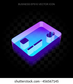 Finance icon: 3d neon glowing Credit Card made of glass with transparent shadow on black background, EPS 10 vector illustration.