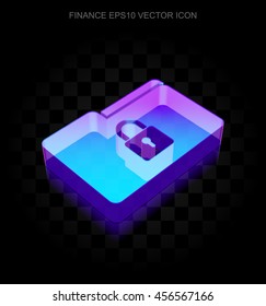 Finance icon: 3d neon glowing Folder With Lock made of glass with transparent shadow on black background, EPS 10 vector illustration.