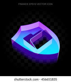 Finance icon: 3d neon glowing Folder With Shield made of glass with transparent shadow on black background, EPS 10 vector illustration.