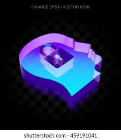 Finance icon: 3d neon glowing Head With Padlock made of glass with transparent shadow on black background, EPS 10 vector illustration.