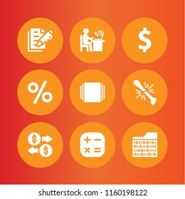 finance icon. 9 finance set with discount, broke, internet and document vector icons for web and mobile app
