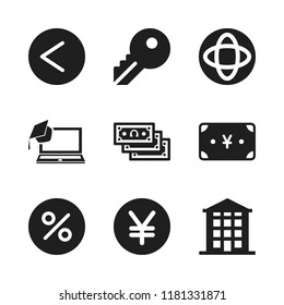 finance icon. 9 finance vector icons set. is less than, building and laptop with a graduation cap icons for web and design about finance theme