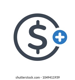 Finance icon with add sign. Finance icon and new, plus, positive symbol. Icon, extra, money, dollar, positive, sign, join, pay, plus, add, addition